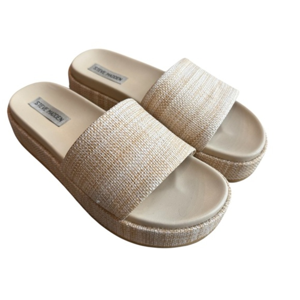 Steve Madden Women’s 9 Kasper Woven Textured Platform Slide‎ Sandals Beige Tan